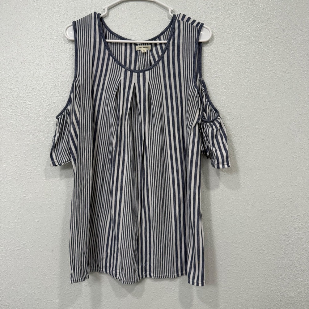 Max Studio Womens 2X Cold Shoulder Striped Pleated Top Navy White 9W04F70